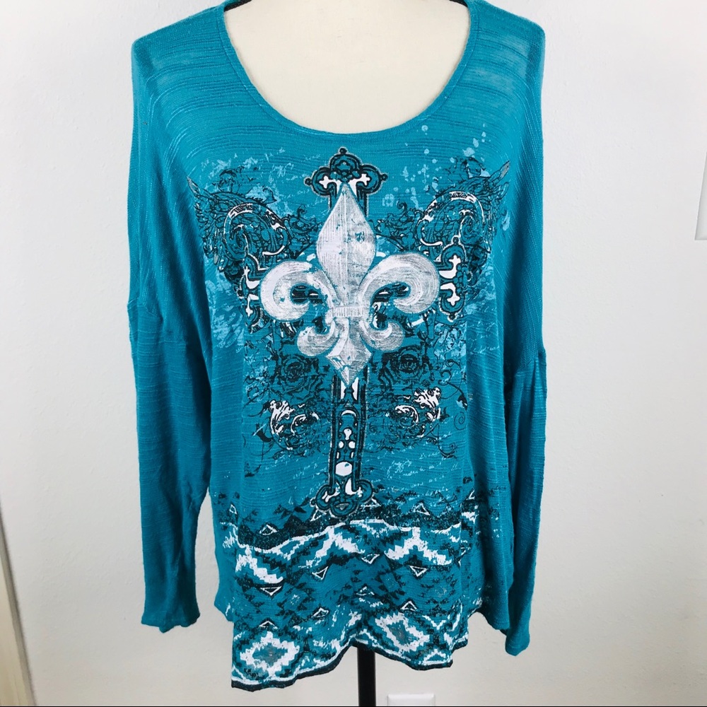 WOMENS TEAL  FLUER DE LIS LONG SLEEVE TOP